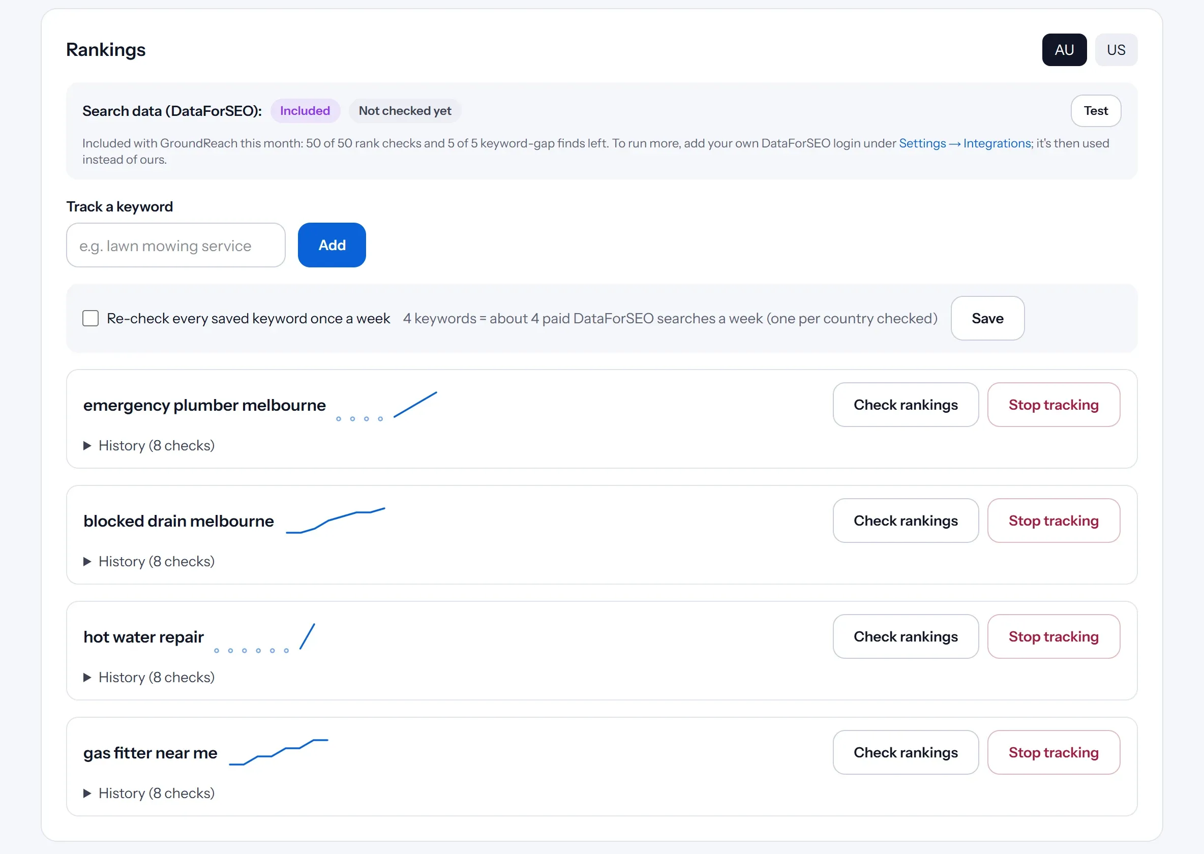 Rankings: tracked keywords, each with a trend line of its Google position over eight checks